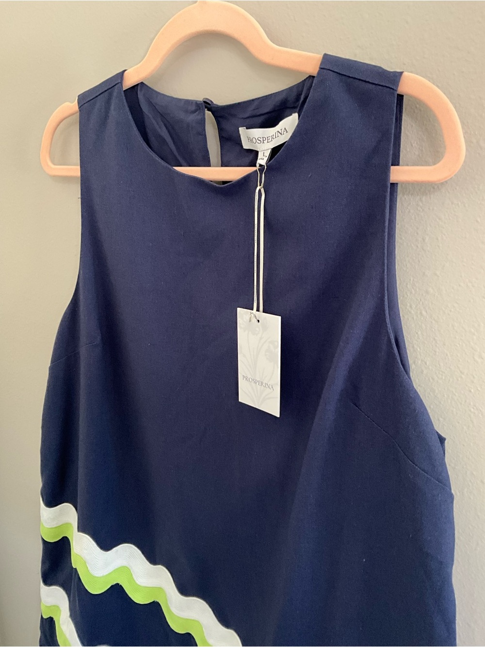 Navy Sleeveless Mini Dress with White & Lime Wave Trim - Picture 2 of 9